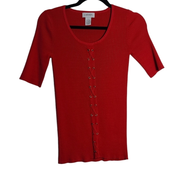 Carmen Marc Valvo Tops - CARMEN MARC VALVO Ribbed Knit Half Sleeve Faux Corset Front Red Sweater Shirt Sm